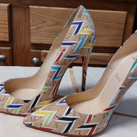 Christian Louboutin Multi-Color Cork Chevron Shoes - Picture 4 of 8